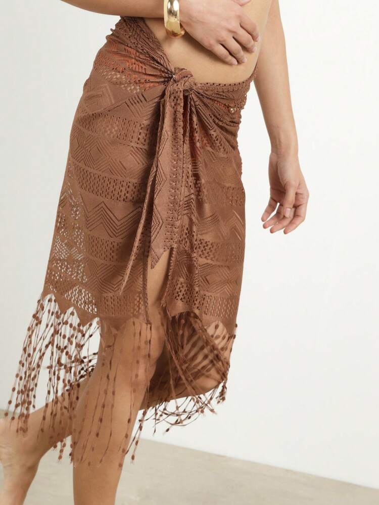 KSTM Women's Crochet Sarong Cover Up Skirt With Fringe Detail Beach Resort Vacation Wrap Summer Festival Boho Chic Swimwear