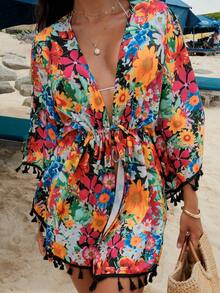 Swim Vcay 女士深V领印花休闲度假沙滩罩衫和服 - 彩色 - 查看 1
