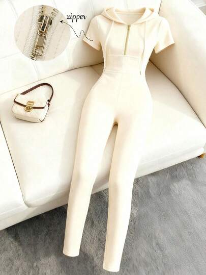 GlowEve Women's Light Apricot Zipper Decor Short Sleeve Hooded Waist Fitted Jumpsuit, Charming And Elegant For Vacation, Casual, Beach, Street, Daily Commute, Sexy, Romantic, Business, Date, Festival