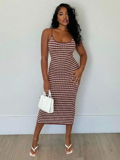 Alexandranx Vestido de tirantes elegante de mujer de punto a rayas negras y blancas de largo medio, para primavera/verano