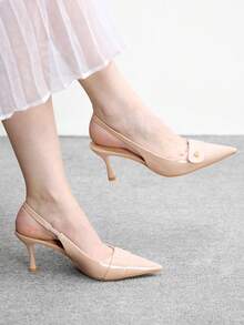 CUCCOO BIZCHIC Women Shoes Four Seasons New Apricot Metal Buckle Pointed Toe Thin High Heel Low Vamp Commuter Elegant Fashion Women's High Heel Shoes Slingback After Slingback Shoes Dew Heel Dinner Party Elegant Office Workers Holiday Wear Women's Shoes - Apricot - View 1