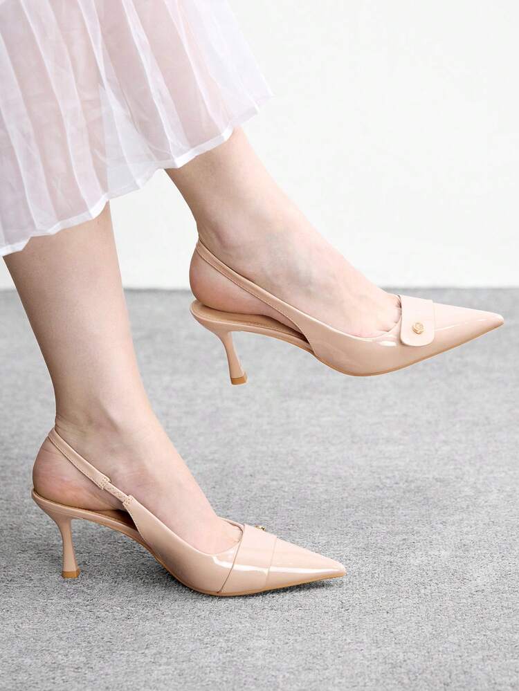 CUCCOO BIZCHIC Women Shoes Four Seasons New Apricot Metal Buckle Pointed Toe Thin High Heel Low Vamp Commuter Elegant Fashion Women's High Heel Shoes Slingback After Slingback Shoes Dew Heel Dinner Party Elegant Office Workers Holiday Wear Women's Shoes