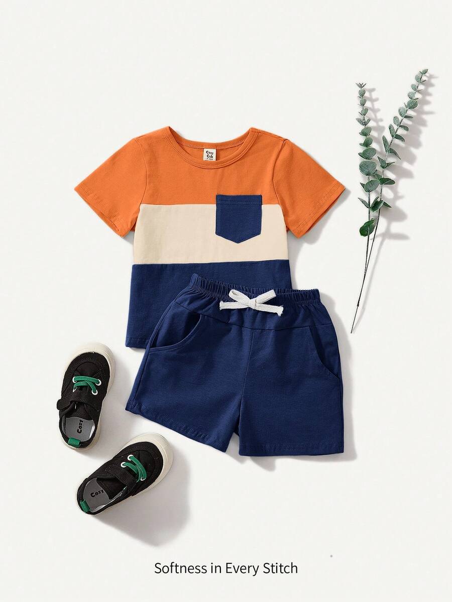 Cozy Pixies 2件套 幼儿男童撞色拼接圆领短袖上衣和运动短裤 - 彩色 - 查看 1