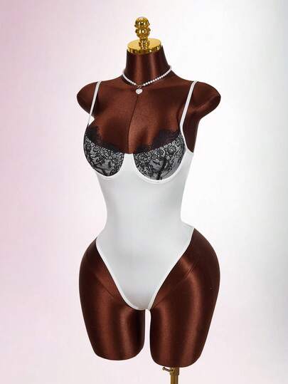 Amplova Women's Fashion Sexy Contrast Color Lace Patchwork Bodysuit Summer Holiday Outfits Spring Break Outfits Valentine Outfits For Women Party Wedding Guest Dress For Women Graduation Ceremony Elegant Beach Vacation Outfits For Women Casual Outfit For Women Formal Silver Swimsuit Stripper Outfit Rhinestone Rhinestone Bikini Studded Bikini Glitter Bikini