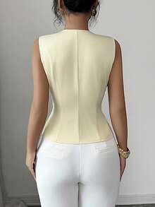 SHEIN Clasi Women's Elegant Office Summer Pale Yellow Sleeveless Short Blazer Jacket,Commuter Workplace Refined Minimalist High-End Pleated Design Versatile Top - Yellow - View 2