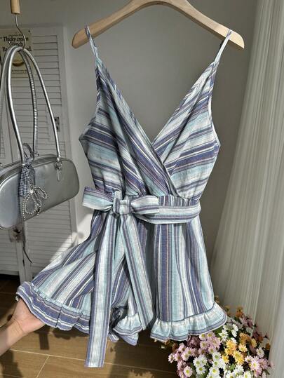 Comfortcana Plus Size Summer Cotton Spaghetti Strap Vintage Blue Striped Tie Front Jumpsuit