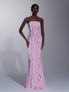 Elitara Đầm maxi cúp ngực thanh lịch, lãng mạn, chất liệu chiffon dệt đính ngọc trai, xếp lớp bồng bềnh, dáng đuôi cá, thích hợp cho các lễ hội, đám cưới, dạ hội, hòa nhạc, sự kiện kinh doanh, và các dịp dành cho người nổi tiếng trên mạng xã hội. - Hồng - Xem 4