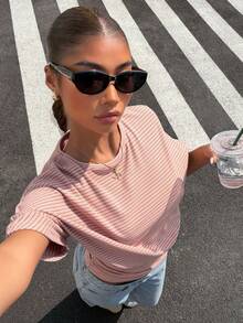 Muchica 女士条纹印花圆领短袖上衣 - 粉色 - 查看 5