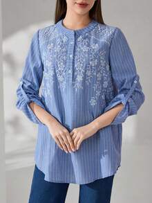 Veilorie New Embroidered Striped Casual Comfortable Daily Versatile Long Sleeve Shirt - Blue - View 7