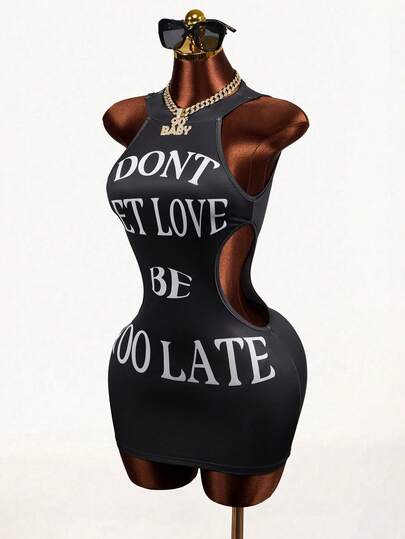  Mistrie Y2K Retro American Letter Print Cutout Waist Fitted Mini Dress For Women, Suitable For Music Festivals And Street Wear,Street Photography, Music Festival Parties