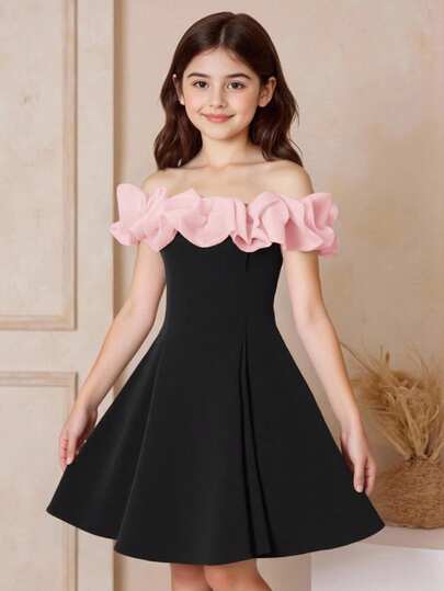 Tween Girl Off-Shoulder Color Block Dress, Casual Chic For Spring/Summer, Elegant & Glamorous Princess Style, Suitable For Formal Occasions, Parties, Birthdays, Daily Wear, Festivals, Family Gatherings, Cute, Vacation, Graceful, Sweet, Retro, Fashionable. Matching For Moms, Daughters, Sisters