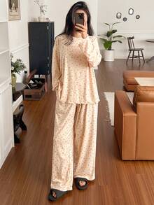 DAZY Ditsy Floral Loose Comfortable Long Sleeve Top And Pants 2 Pieces Pajama Set For Women, Spring - Apricot - View 5
