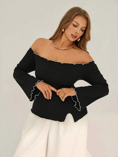 Auralis Elegant Off-Shoulder Flare Sleeve White Contrast Trim Fitted Pullover Ribbed High Elastic High Street Y2K Everyday Wear Refined Valentine's Day Date T-Shirt, Plus Size
