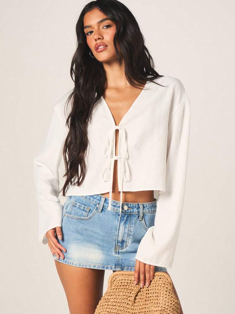 MISSGUIDED Women's White Long Sleeve Tie Front V Neck Cropped Blouse With Bell Sleeves And Drawstring Detail