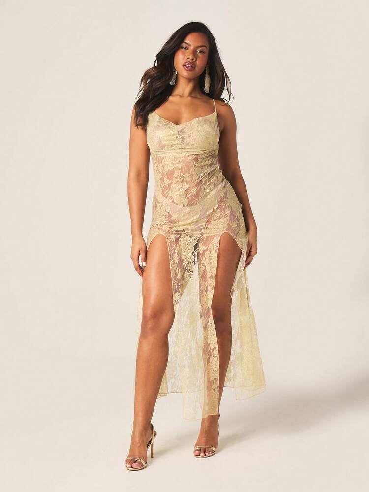 MISSGUIDED Damen Gold Spitze Maxikleid V-Ausschnitt Bodycon Abend Formal Hochzeitsgast Ärmellos Seitenschlitz Langes Abendkleid Elegantes Party Cocktailkleid