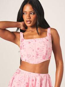 MISSGUIDED Embellished Pink Floral Corset Crop Top With Lace Up Back Detail And Square Neckline For Spring Summer - Pink - View 4