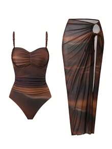 Bonvoyette 女士性感渐变数码印花连体泳衣，配编织肩带和渐变网纱裙，高级泳装套装，适合海滩度假，春夏秋季皆宜。 - 棕色 - 查看 2
