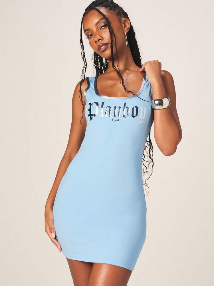 Missguided x Playboy Graphic Text Mini Bodycon Dress Square Neck Sleeveless Summer Tank Style Casual Party