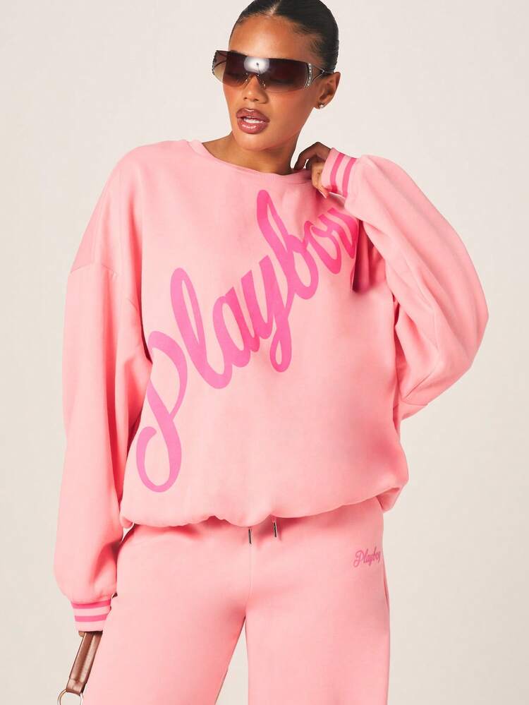 Missguided x Playboy Oversized rosa Grafik-Sweatshirt mit Schrift-Muster, Langarm Rundhals-Pullover, modisch, lässig, locker geschnitten