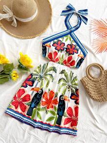 Soleia 女士度假浪漫性感热带印花露背吊带迷你连衣裙，适合热带度假、约会、下午茶、海滩、邮轮、城市度假、音乐节、派对、波西米亚风、嬉皮风、西部风等场合。 - 彩色 - 查看 7