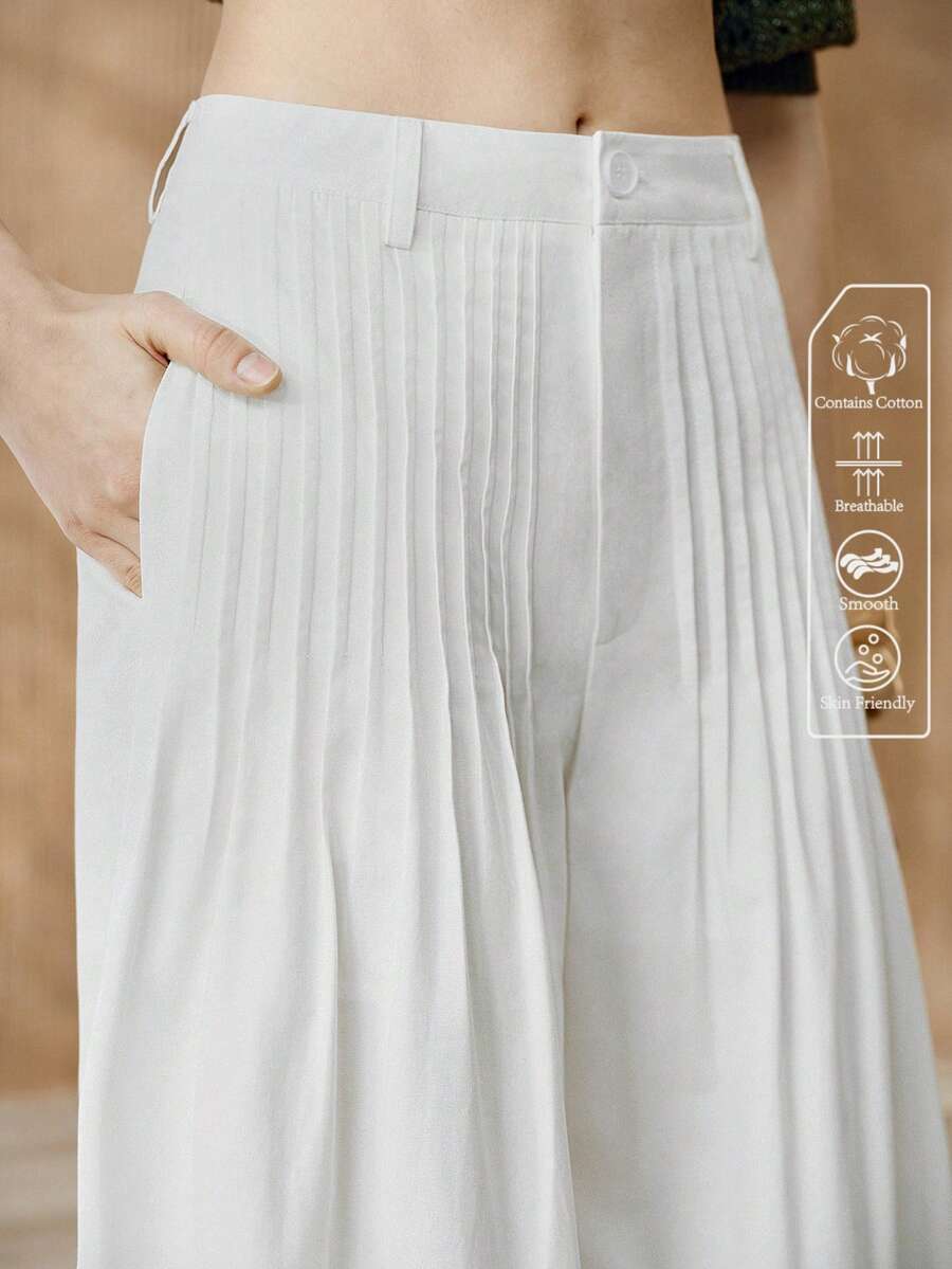 Arave Quần nữ dệt từ vải cotton nguyên chất, cạp thường, ống rộng, họa tiết kẻ sọc, kiểu dáng thường ngày. - trắng - Xem 1