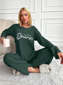 EURMUSE Women's Letter Print Top And Pants Pajama Set - Green - View 4