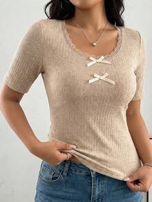 Feyla Plus Size Women Contrast Lace Round Neck Short Sleeve Bow Decor Fashion T-Shirt Knit Tops For Women Bow Tops For Women - Apricot - View 9