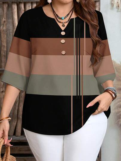 EMERY ROSE Blusa de estilo minimalista casual con mangas 3/4 y patrón de rayas marrones, adecuada para primavera/verano