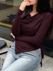 DAZY Women's Solid Color Draped Neck Drawstring Side Long Sleeve Casual T-Shirt For Spring And Autumn - Burgundy - View 6