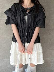 FRIFUL Áo sơ mi denim nữ kiểu dáng thường ngày, có bèo nhún và thắt dây, thích hợp cho mùa hè. - Xám - Xem 4