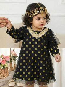 SHEIN 女婴优雅奢华黑色网纱波点长袖连衣裙配长外套套装 - 彩色 - 查看 1