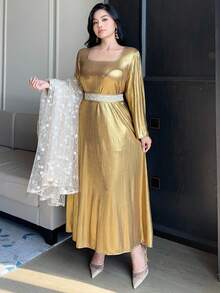 Dazy Plus 纯色V领七分袖系带优雅长款连衣裙，蕾丝开衫长袖外套，两件套，春夏秋三季 - 金色 - 查看 4