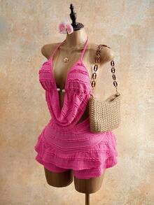 Mistrie Vacation Sexy Backless Halter Top And Shorts 2 Pieces Set - Hot Pink - View 5