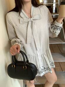 DAZY Women's Striped Korean Style Embroidered Bow Mini Dress, Casual For Party, Holiday Floral Dresses For Women - Apricot - View 4