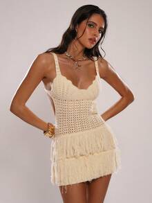 SHEIN BAE Women's Summer Sexy Beach Vacation Pointelle Knit Multi-Layer Tassel Backless Tie Knit Dress,Spring/Summer New Arrival: White Dress With Fringed Hem. Perfect For Beach Vacations, Beach Trips, Beach Parties, Dates, Nightclubs, Picnics, Parties, Music Festivals, Brunch, And Other Occasions. - Apricot - View 6