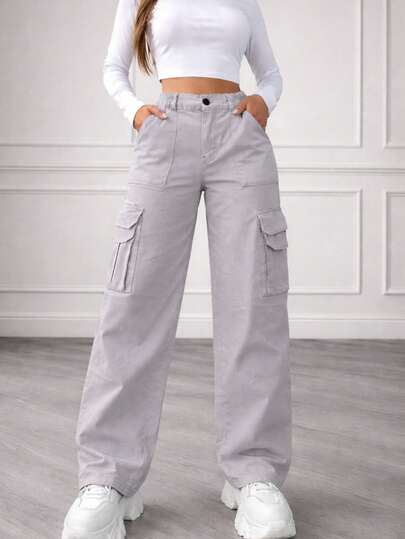 Pantalón cargo mujer tiro alto wide leg bolsillos laterales casual urbano streetwear holgado recto
