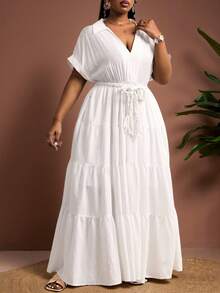 Truni 大码女士优雅白色连衣裙,宽松长款,腰间饰有编织腰带,适合度假、下午茶、邮轮、城市驾车、波西米亚风、音乐节、海滩装扮、复活节、优雅连衣裙、度假装、音乐会装、热带度假装、波西米亚风服装,春夏秋季皆宜。 - 白色 - 查看 6