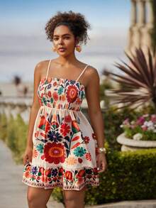 Travachic Plus SIWomen Vacation Spring Break Plus Floral Print Ruffle Hem Cami Flower Dress, Summer Dresses - Multicolor - View 4