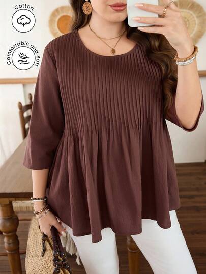 Lacomfia Plus Size Women's Round Neck Striped Loose, 3/4 Sleeve, Pure Cotton Back Shirring Hem Relaxed Casual Shirt