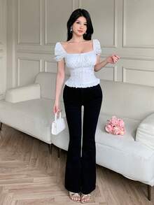 Celisse Women's Polka Dot Print Front Tie Short Petal Sleeve Casual Shirt - White - View 3