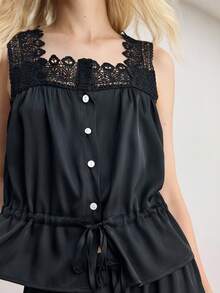 Ocili Women's Contrast Lace Single-Breasted Top And Pants Pajama Set - Black - View 5