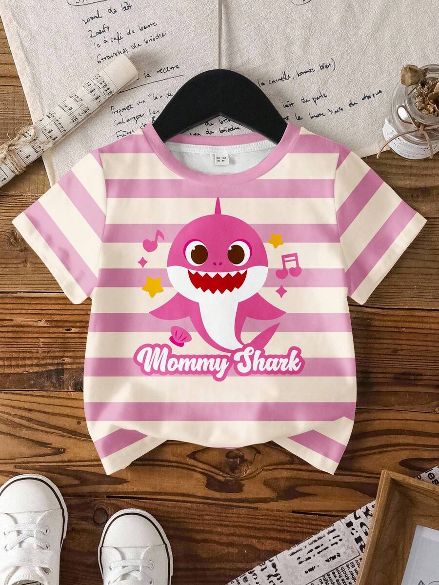 BABY SHARK X SHEIN 女童夏季休闲条纹鲨鱼印花圆领短袖T恤 - 白色 - 查看 1