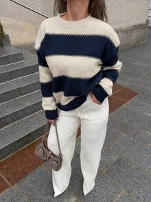 Jeta Ari 女士条纹宽松圆领长袖毛衣，长袖上衣，秋季女士毛衣 - 寶藍色 - 查看 3