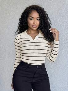 Alexandranx Women's Striped Turtleneck Long Sleeve Fitted Sweater, Autumn/Winter - Beige - View 3