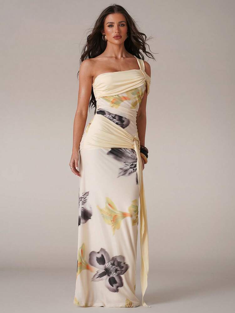 SHEIN BAE Apricot Solid Color Splice Pattern Off Shoulder Maxi Dress, Suitable For Casual Vacation, Beach Resort, Sisters Gathering, Weekend Leisure, Elegant Sexy Maxi Dress, Yellow Mesh Floral Print Dress, Elegant Maxi Dress - Yellow - View 5