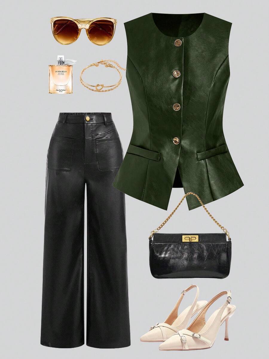 Ellevyn Chaqueta de motociclista de cuero sintético negro para mujer, de otoño - Verde - Ver 1