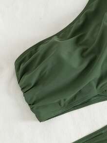 SHEIN Swim Conjunto de bikini asimétrico de un hombro con Bottom fruncida para mujer - Verde - Ver 5