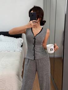 SHEIN Sleeveless V-Neck Cardigan Lace Trim Women Pajama Set - Grey - View 5