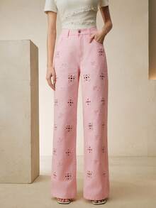 Anewsta 新款时尚镂空刺绣女士粉色直筒牛仔裤 - 粉色 - 查看 4