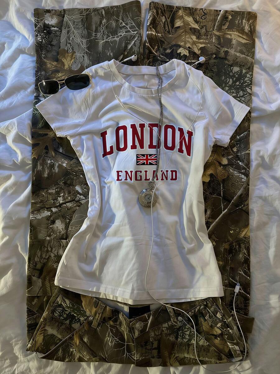 Glimmora 女士修身短袖T恤，白色印花图案 - 白色 - 查看 1